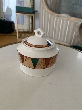 White Ceramic Lidded Sugar Bowl with Brown and Green Geometric Band